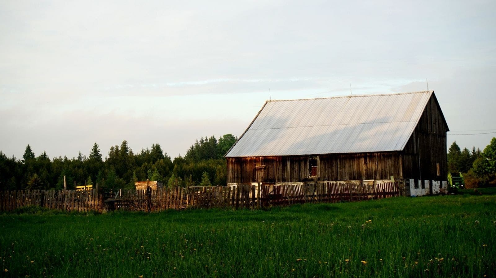 Weathered wooden barn and fence in a green field